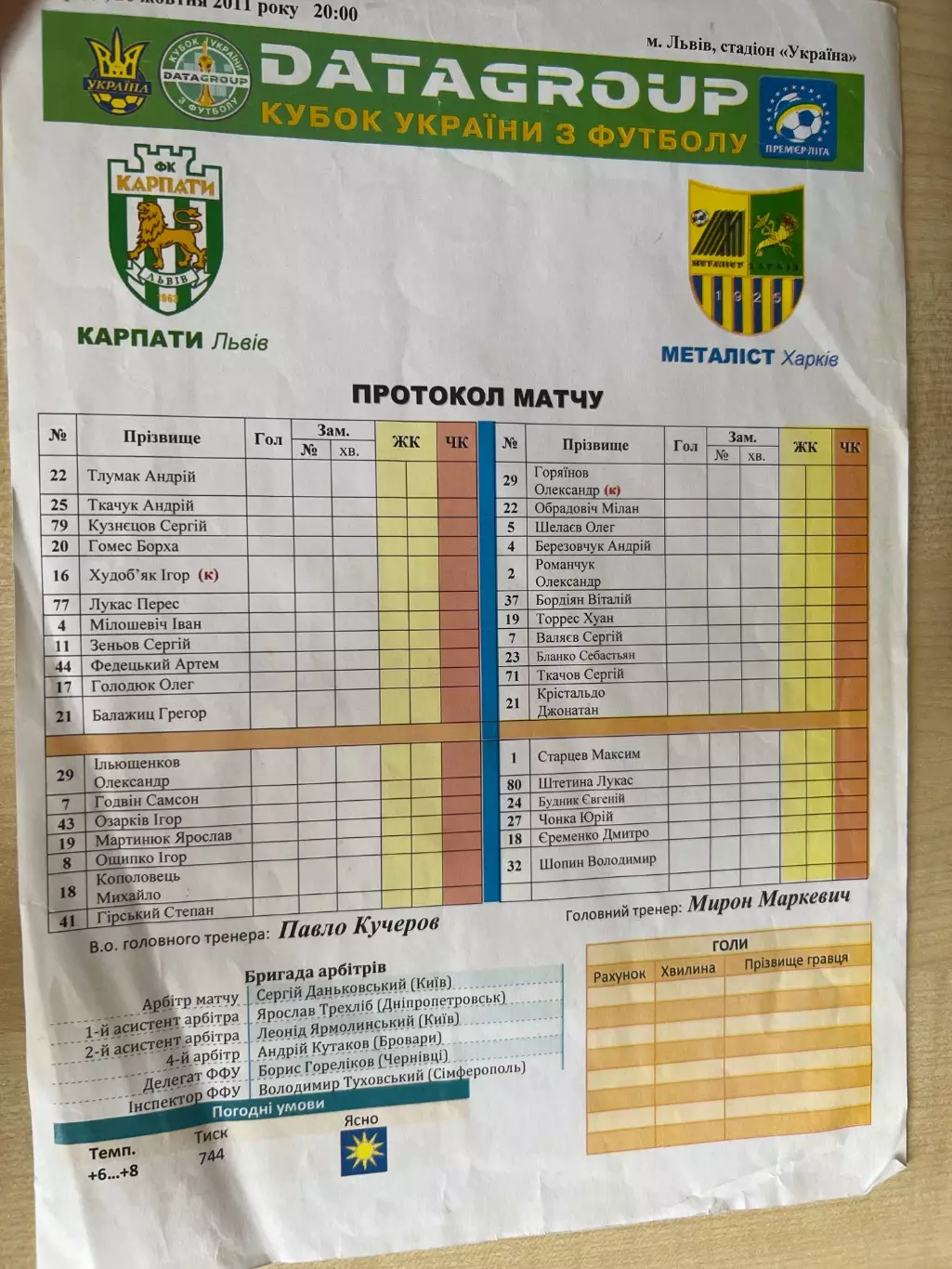 Пресс-лист Карпаты Львов - Металлист Харьков 2011 кубок