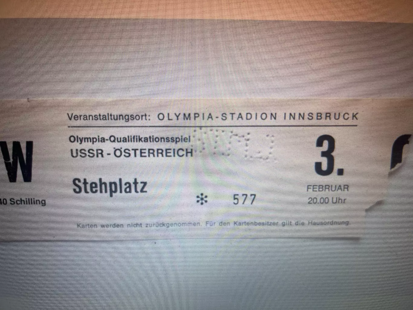 Билет Хоккей Олимпийские Игры 1976. СССР - Австрия (03.02.1976)