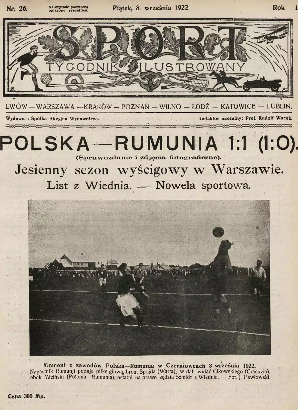 Копия* газета tygodnik Ilusrtowany Sport издание Львов Польша 26 1922 год футбол