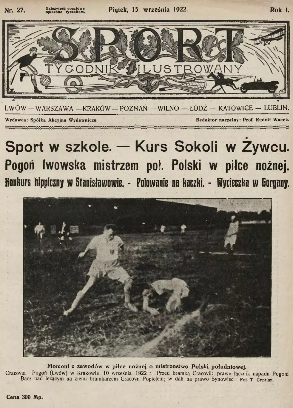 Копия* газета tygodnik Ilusrtowany Sport издание Львов Польша 27 1922 год футбол