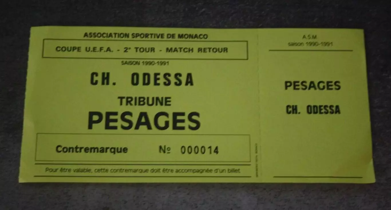 Билет Монако Франция - Черноморец Одесса СССР Украина 1990-1991 №2