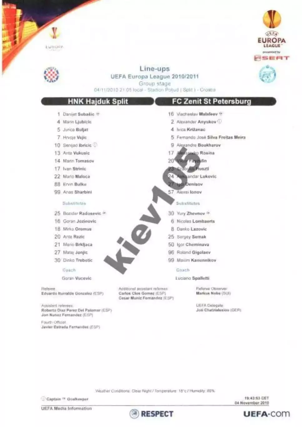 пресс-лист Хайдук - Зенит Санкт-Петербург 2010