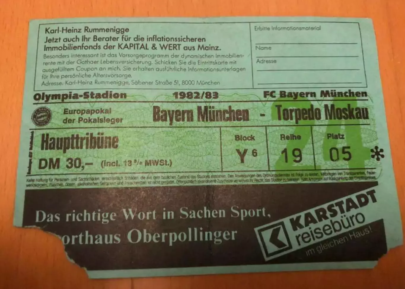 Билет Бавария Мюнхен - Торпедо Москва Россия 1982 Кубок Кубков (редкий цвет)