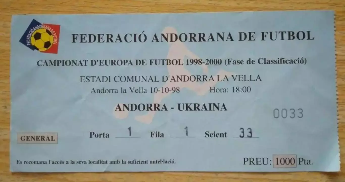 Футбол. Билет Андорра - Украина 1998
