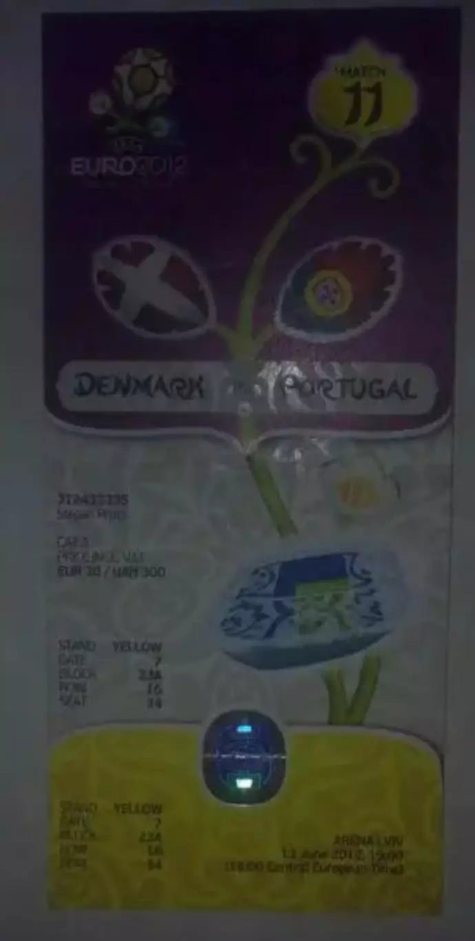 Билет Дания - Португалия 2012 ЕВРО №11