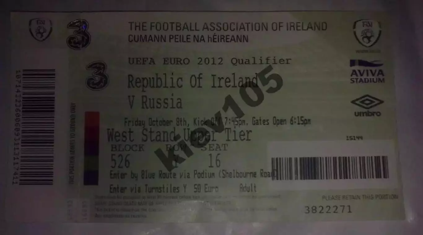 Билет Ирландия - Россия 2010
