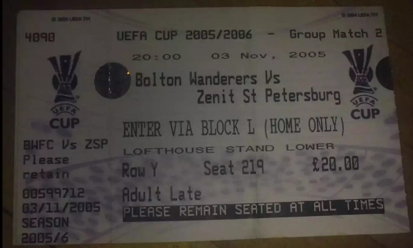 Билет Болтон Англия - Зенит Санкт-Петербург 2005-2006