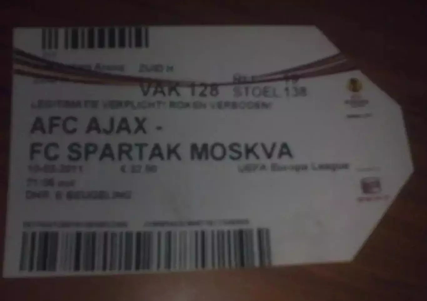 Футбол. Билет Аякс Голландия - Спартак Москва 2010-2011 2й вид