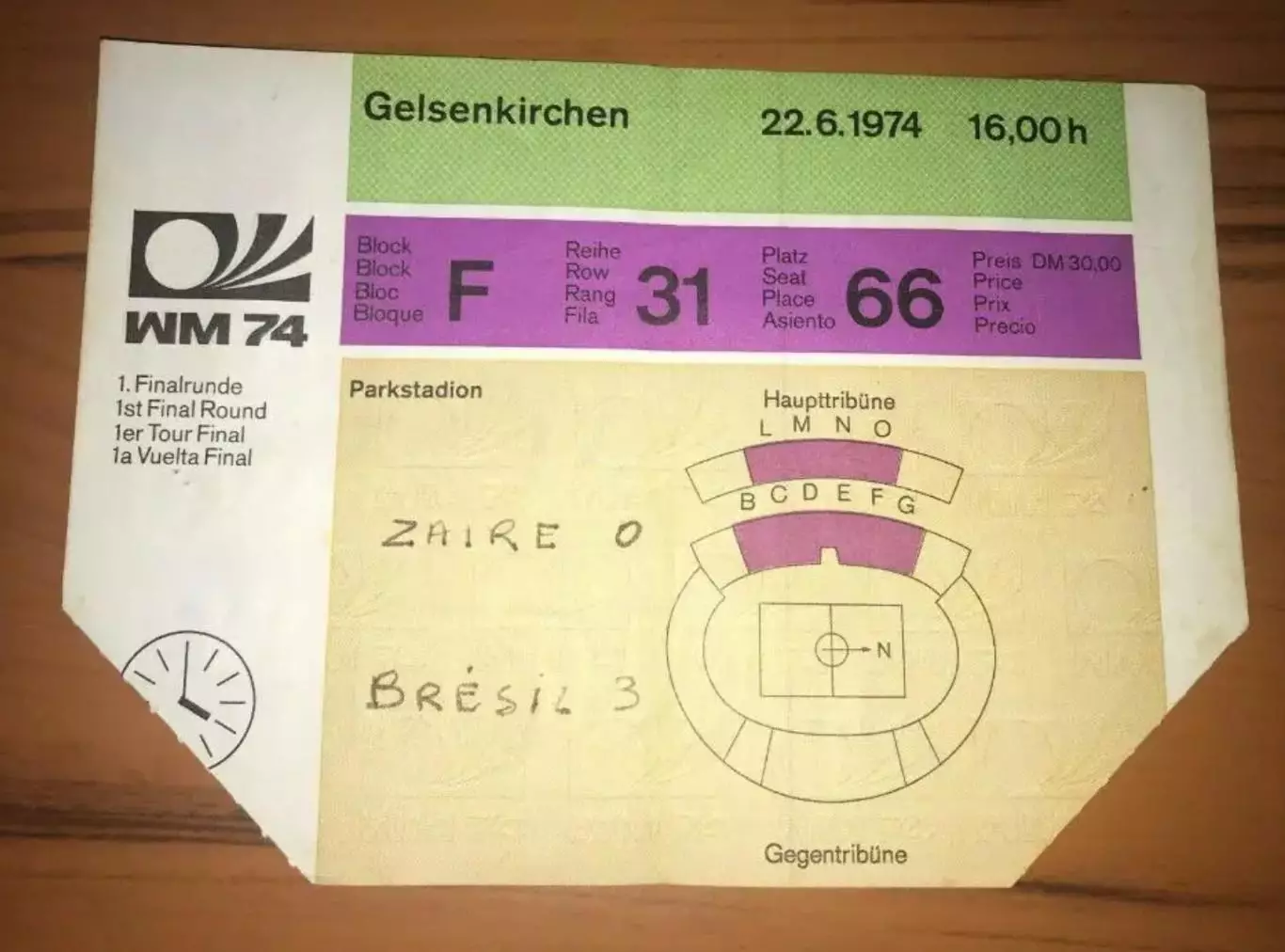 Билет Бразилия - Заир 1974 Чемпионат Мира Германия