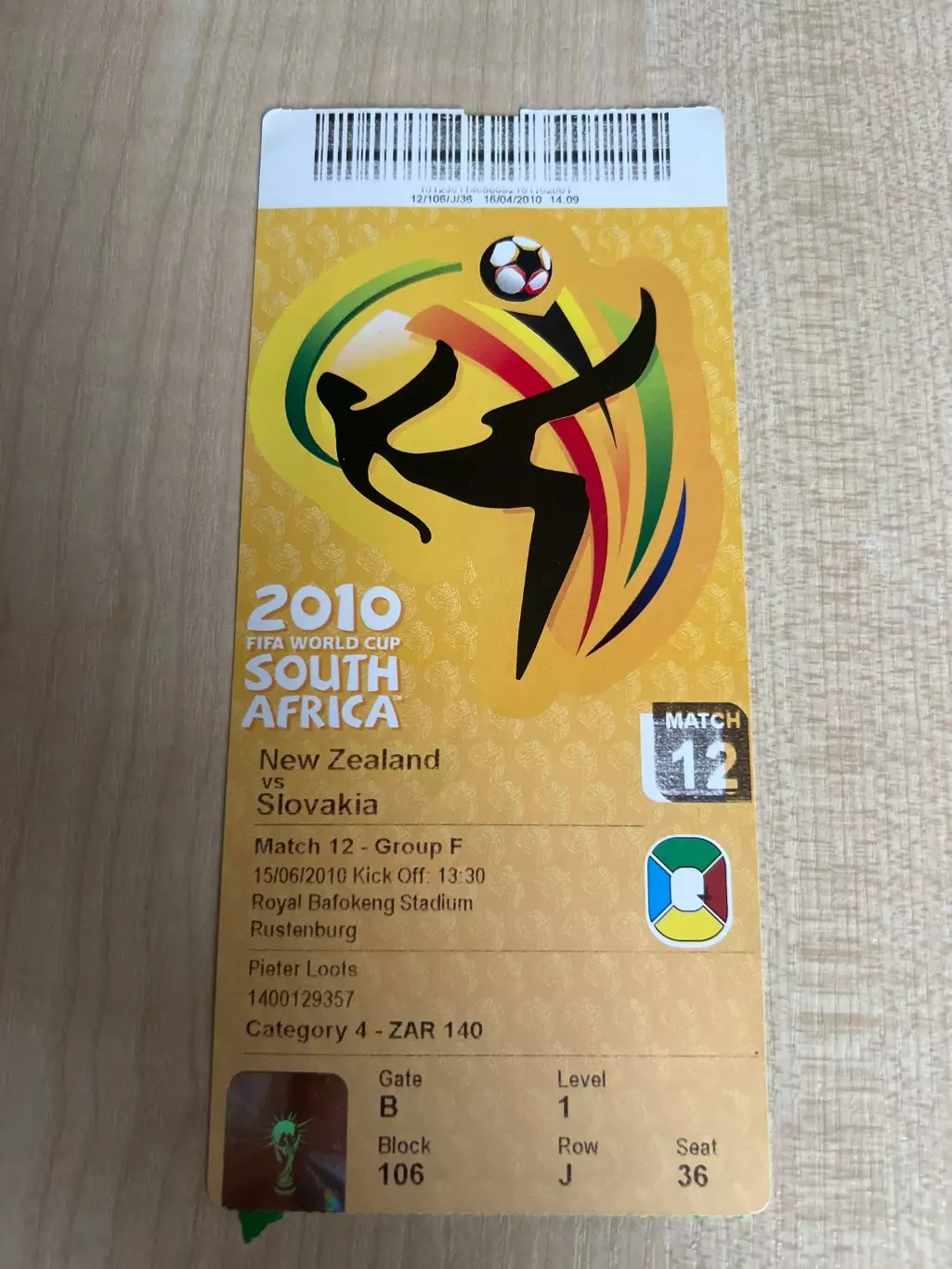 Билет Новая Зеландия - Словакия 2010 Чемпионат Мира ЮАР