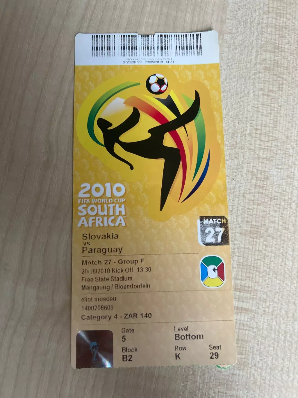 Билет Словакия - Парагвай 2010 Чемпионат Мира ЮАР