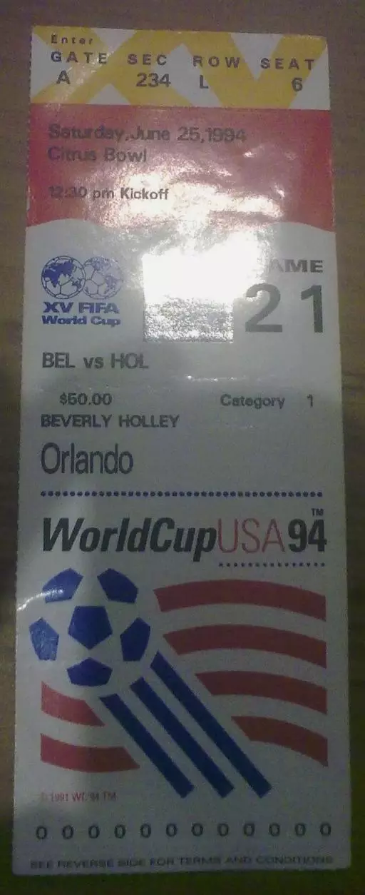 Билет Бельгия - Нидерланды 1994 Чемпионат Мира США