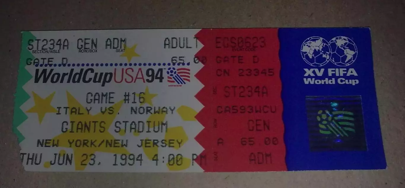 Билет Италия - Норвегия 1994 Чемпионат Мира США