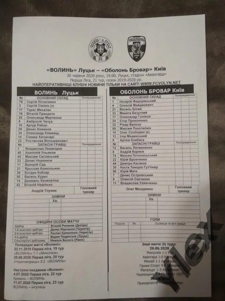 протокол Волынь Луцк - Оболонь-Бровар Киев 2020 06 30