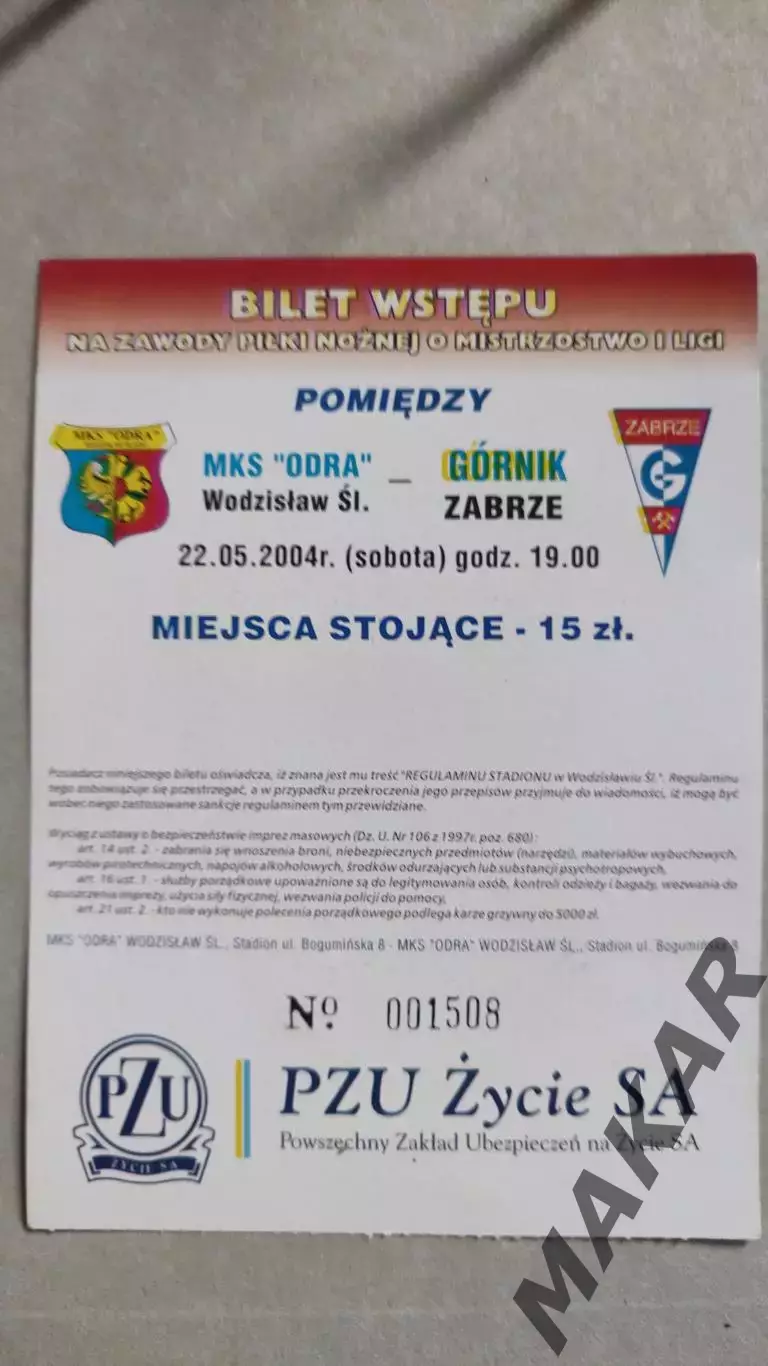 Билет Одра Ведзислав Гурник Забже 22.05.2004