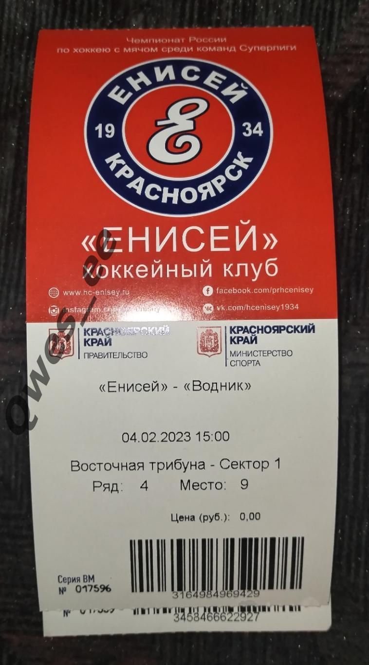 Билет хоккей с мячом Енисей Красноярск Водник Архангельск 4 февраля 2023
