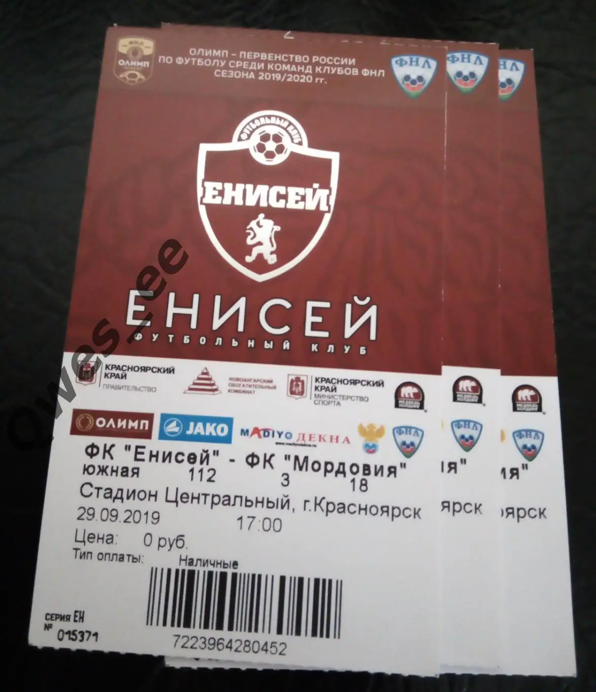 Билет Енисей Красноярск - Мордовия Саранск 29 сентября 2019