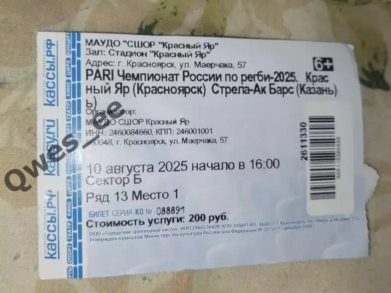 Билет Регби Красный Яр Красноярск - Стрела-АК Барс Казань 10 августа 2025 вид 2