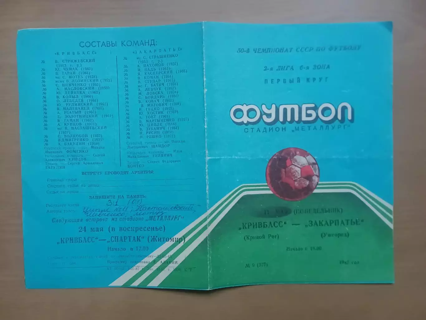 Кривбас Кривий Ріг - Закарпаття Ужгород 11.05.1987