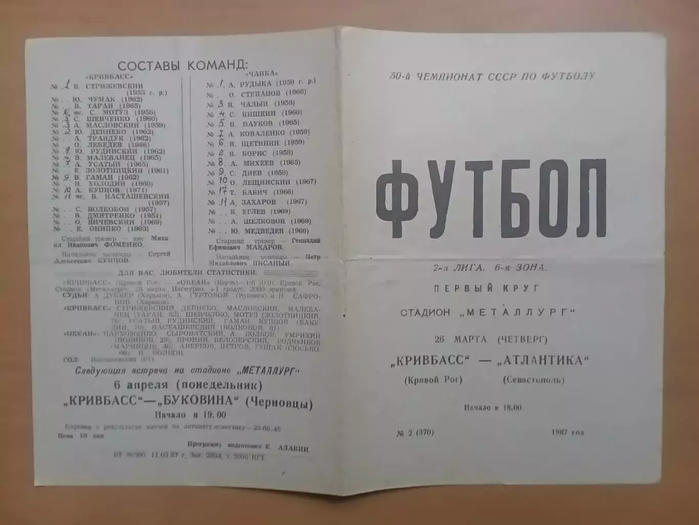 Кривбас Кривий Ріг - Атлантика Севастополь 26.03.1987