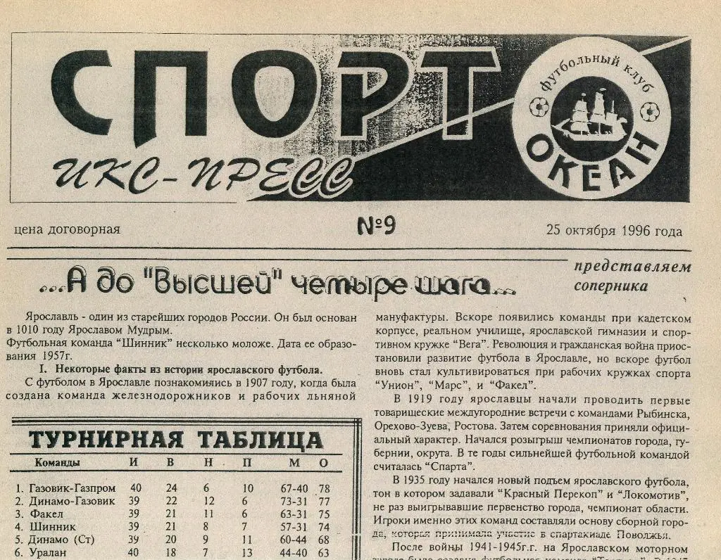 ОКЕАН(НАХОДКА)-ШИННИК(ЯРОСЛА ВЛЬ)-1996 ОРИГИНАЛ!!! ТИРАЖ 500шт