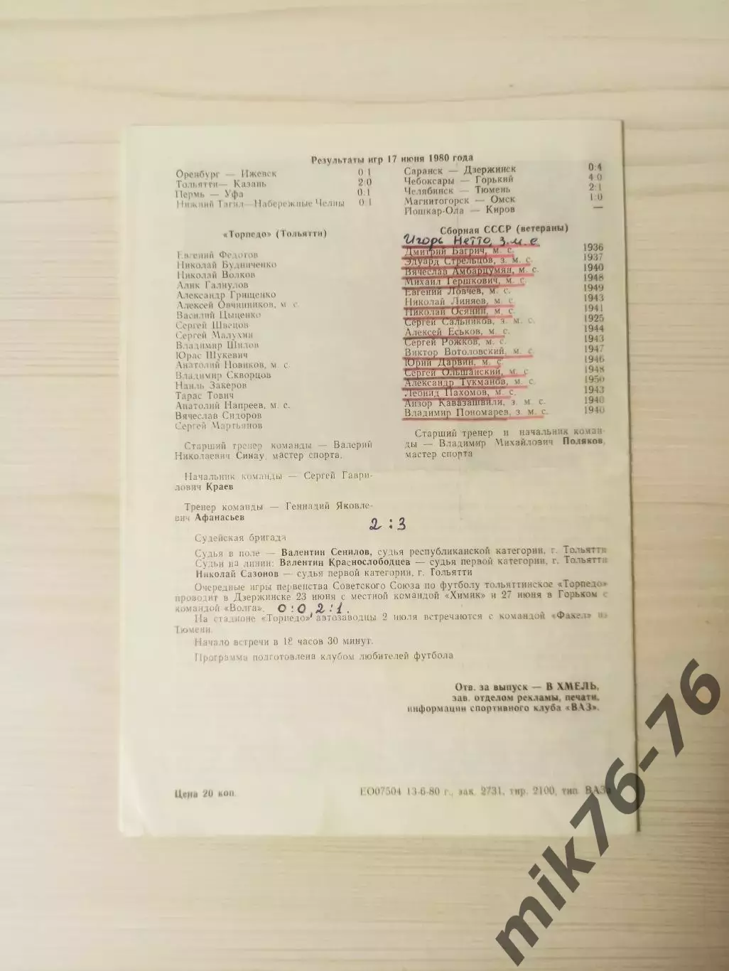 Торпедо (Тольятти)-сборная СССР (ветераны)-1980 1