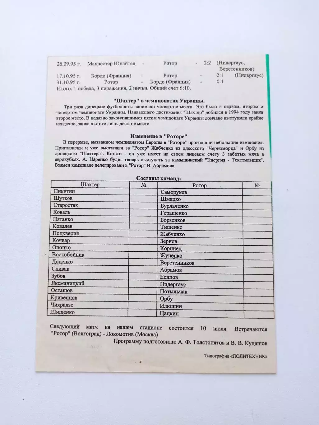 Еврокубки, Кубок Интертото, Ротор (Волгоград) - Шахтёр (Донецк), 1996г 2