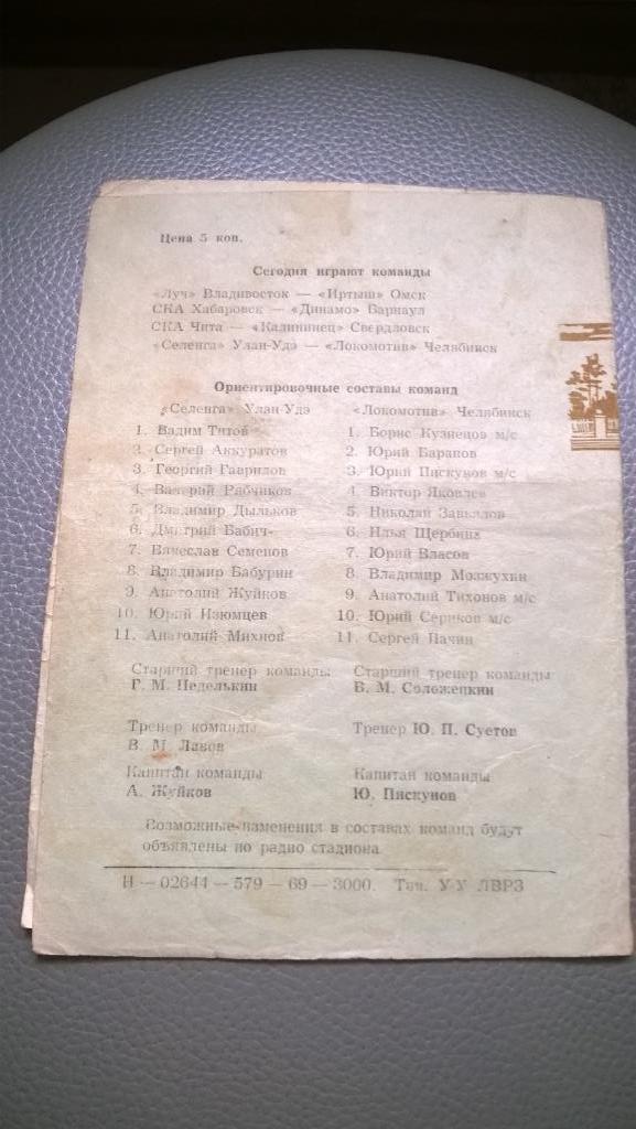 Первенство СССР, Селенга (Улан-Удэ) - Локомотив (Челябинск), 18.07.1969г. 2