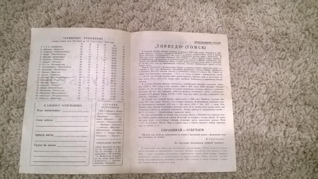 Первенство СССР, Вторая лига, Луч (Владивосток) - Торпедо (Томск), 1979, редкая 2