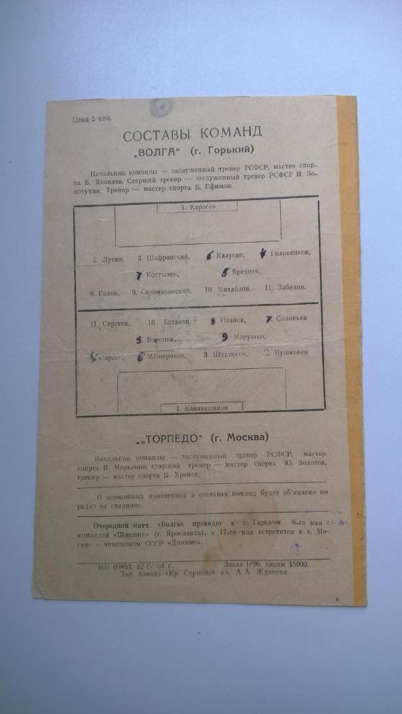 Футбол, Первенство СССР, Волга (Горький) - Торпедо (Москва), 1964г., редкая 1