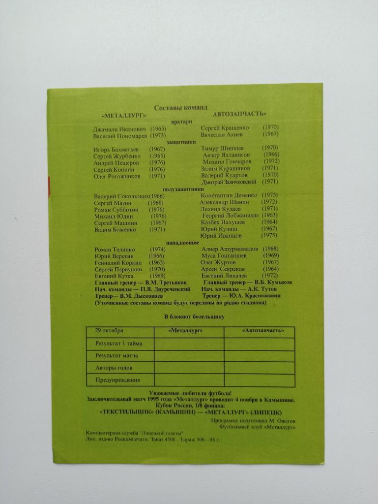 Футбол, Кубок России,Металлург (Липецк) - Торпедо (Москва), 1995г. 1