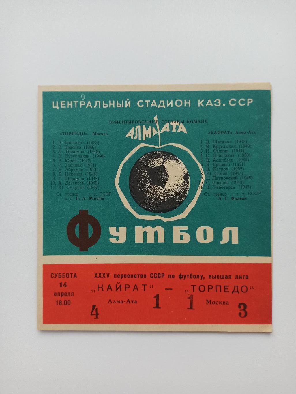 Первенство СССР,Кайрат (Алма-Ата) - Торпедо (Москва), 1972г.