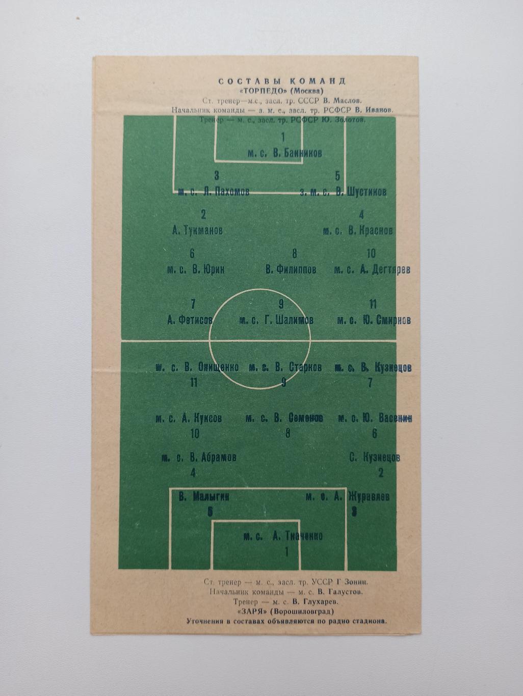 Чемпионат СССР, Заря (Ворошиловград) - Торпедо (Москва), 1972г. 2