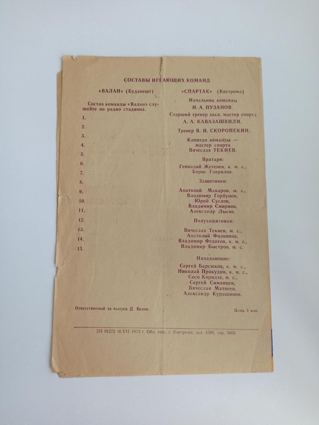 Распродажа, Международный матч, мтм, Спартак (Кострома) Валан (Будапешт), 1973г. 2