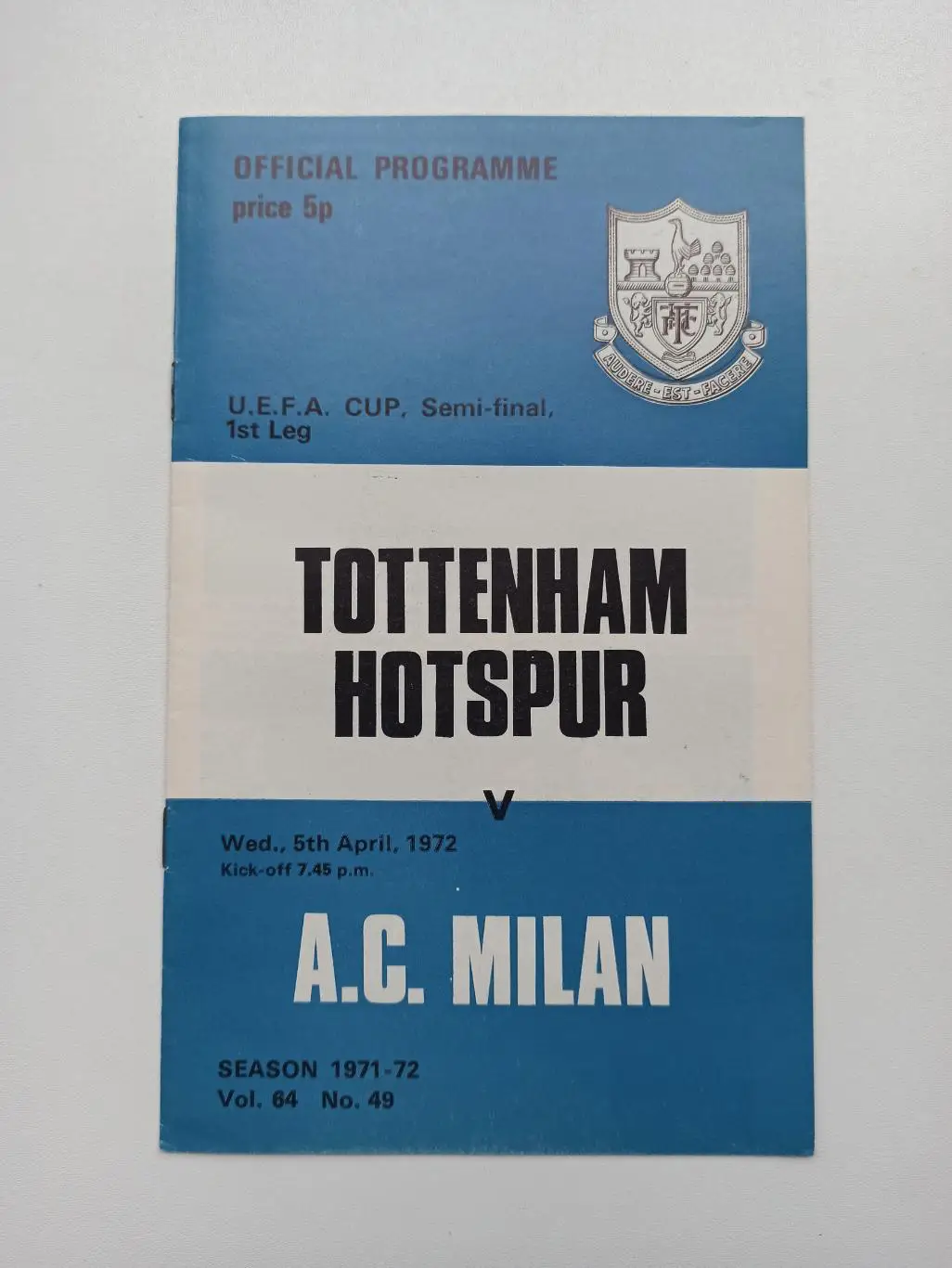 Еврокубки, Кубок УЕФА, 1/2, Тоттенхэм (Англия) - Милан (Италия), 1972г., редкая