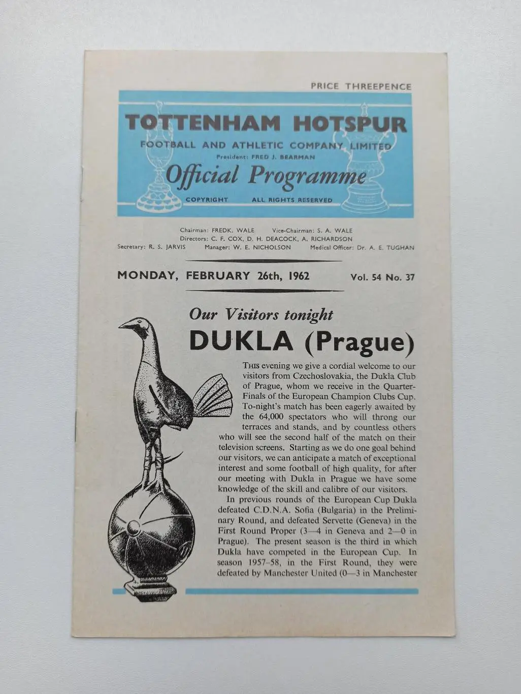 Еврокубки, Тоттенхэм (Англия) - Дукла (Прага), 1962г., редкая