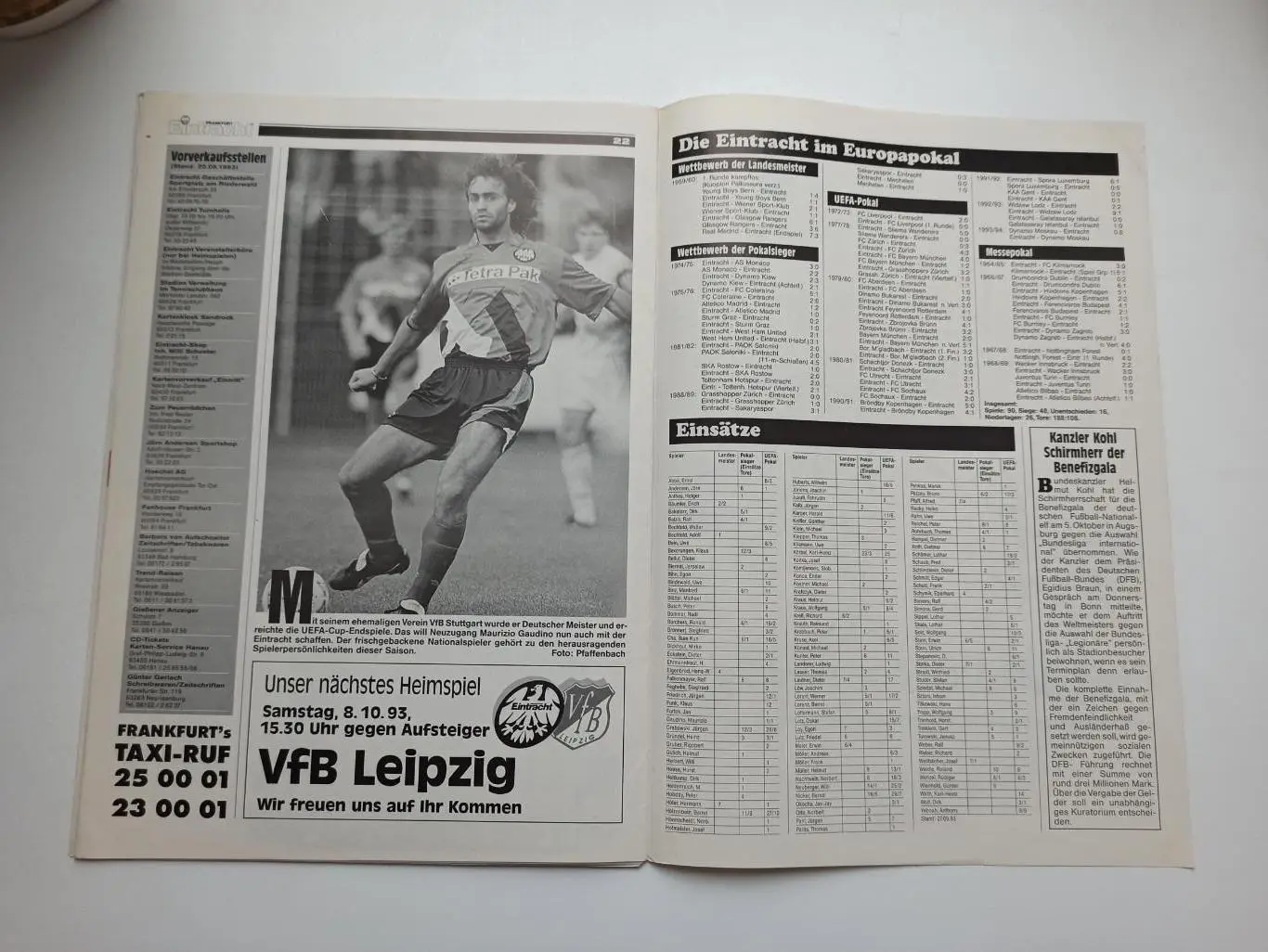 Еврокубки, Кубок УЕФА, Айнтрахт (Германия) - Динамо (Москва), 1993г, с вкладкой 2