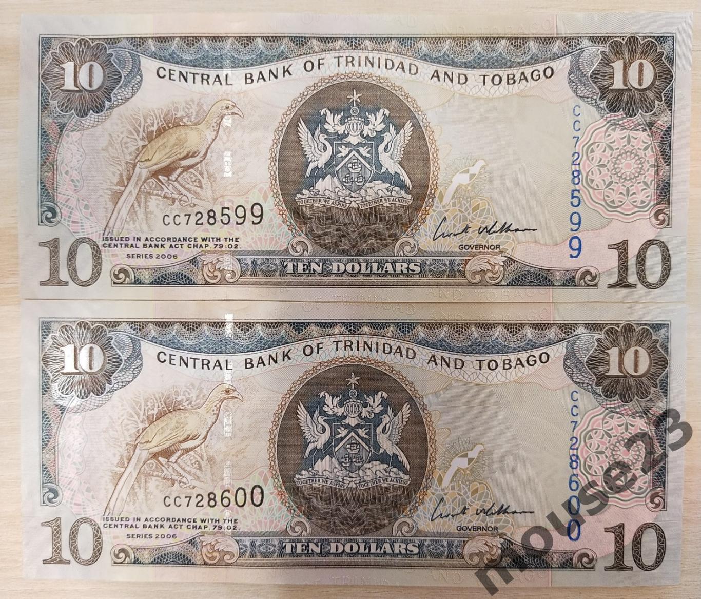 10 долларов Тринидада и Тобаго 2006 года. UNC 2 номера подряд