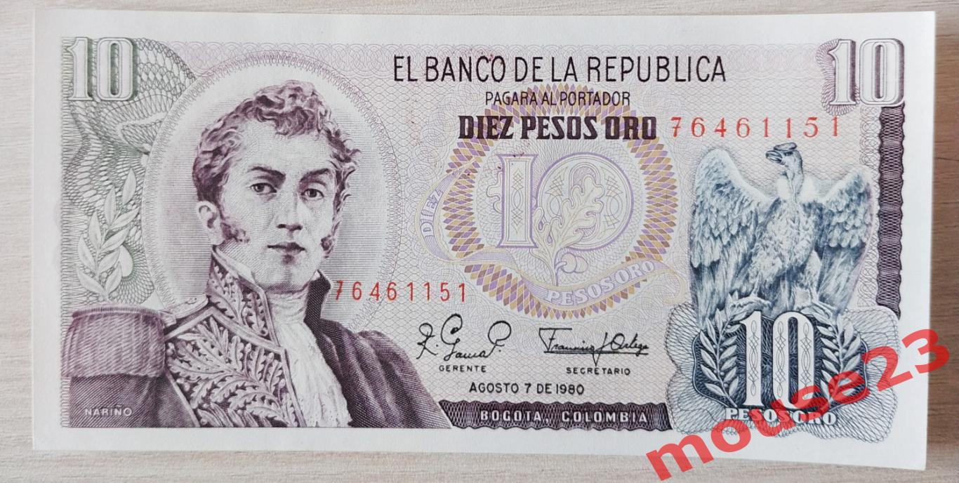 Бона - Колумбия. 10 песо. 1980 год. ПРЕСС UNC №4
