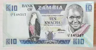 Банкнота 10 квача 1980-1988 Замбия сост. UNC