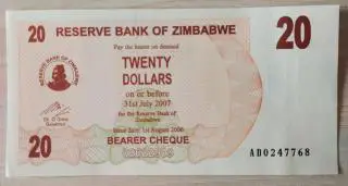 Зимбабве Банкнота 20 долларов 2006 год UNC №1
