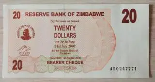 Зимбабве Банкнота 20 долларов 2006 год UNC №3