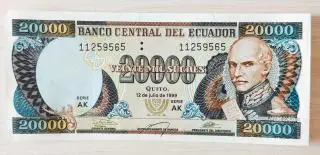 Банкнота номиналом 20 000 сукре 1999 года. Эквадор.