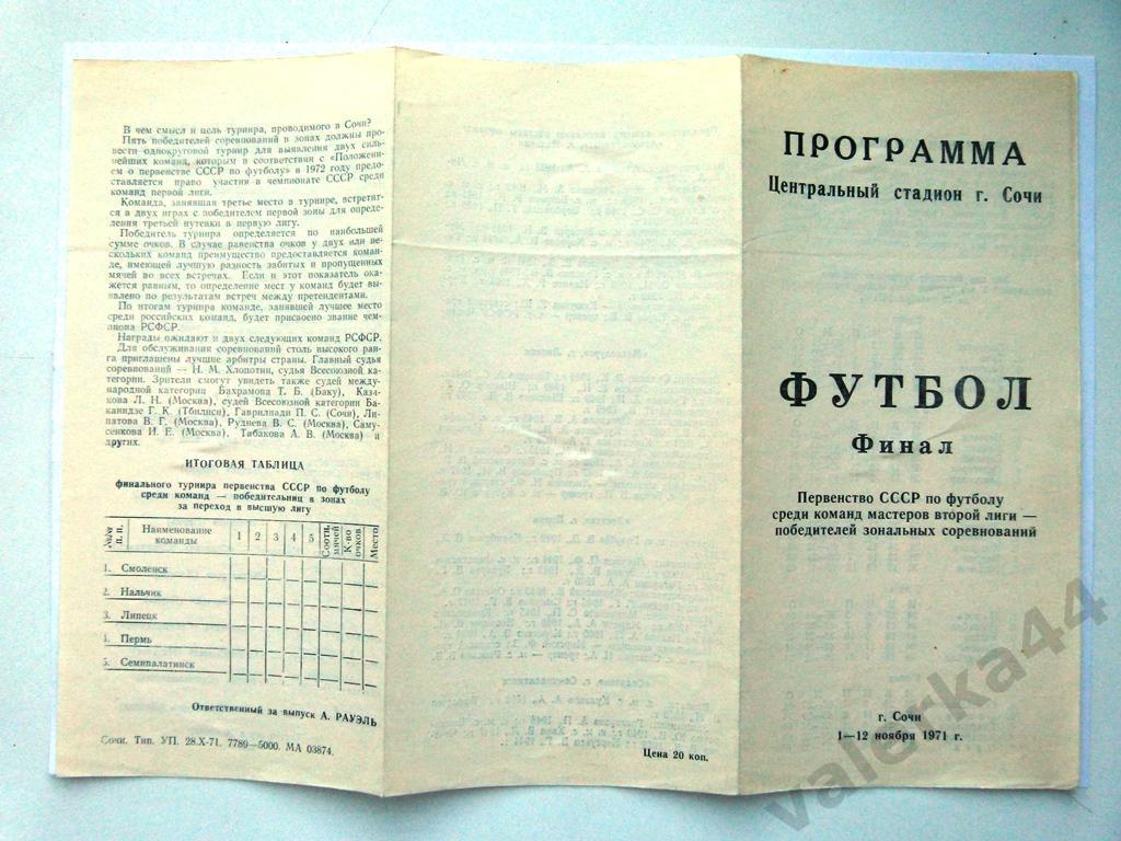 (1) Финальный турнир команд победителей зон 2 лиги-1-12.11.1971г. г. Сочи.