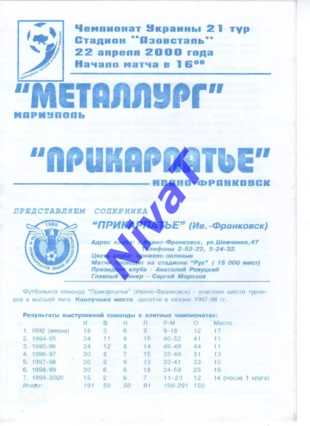 Металург Маріуполь - Прикарпаття Івано-Франківськ 22.04.2000