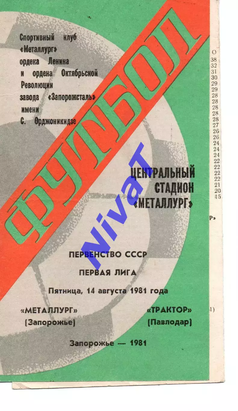 Металург Запоріжжя - Трактор Палодар 14.08.1981