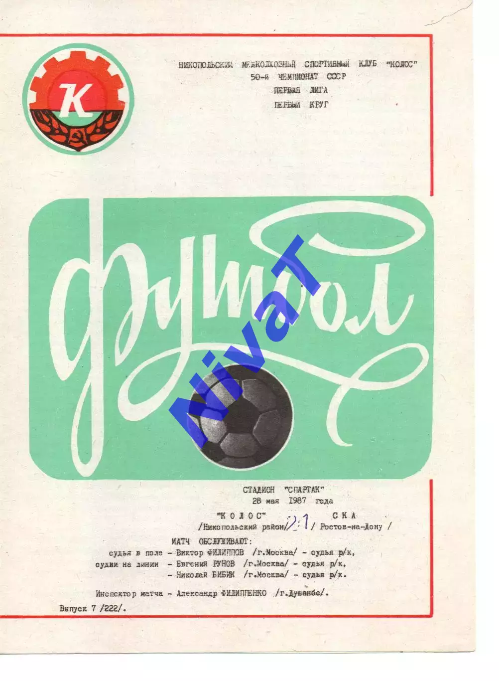 Колос Нікополь - ска ростов-на-дону 28.05.1987