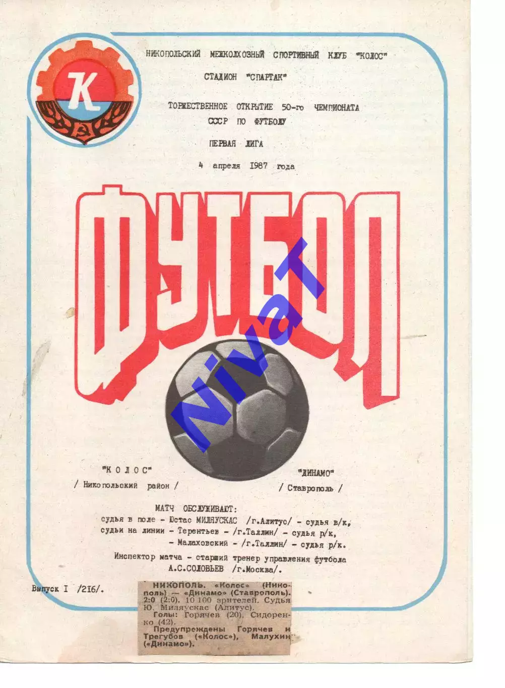 Колос Нікополь - динамо ставрополь 04.04.1987