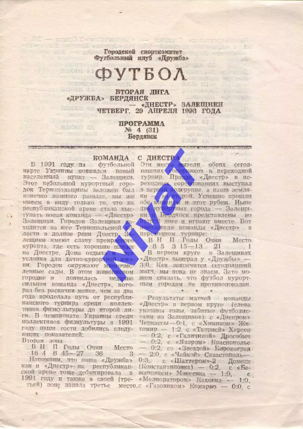 Дружба Бердянськ - Дністер Заліщики 29.04.1993