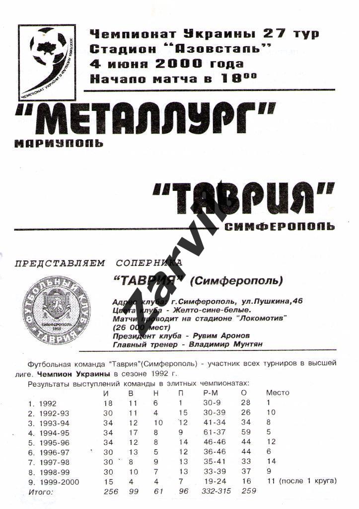 Металлург Мариуполь - Таврия Симферополь 1999/2000
